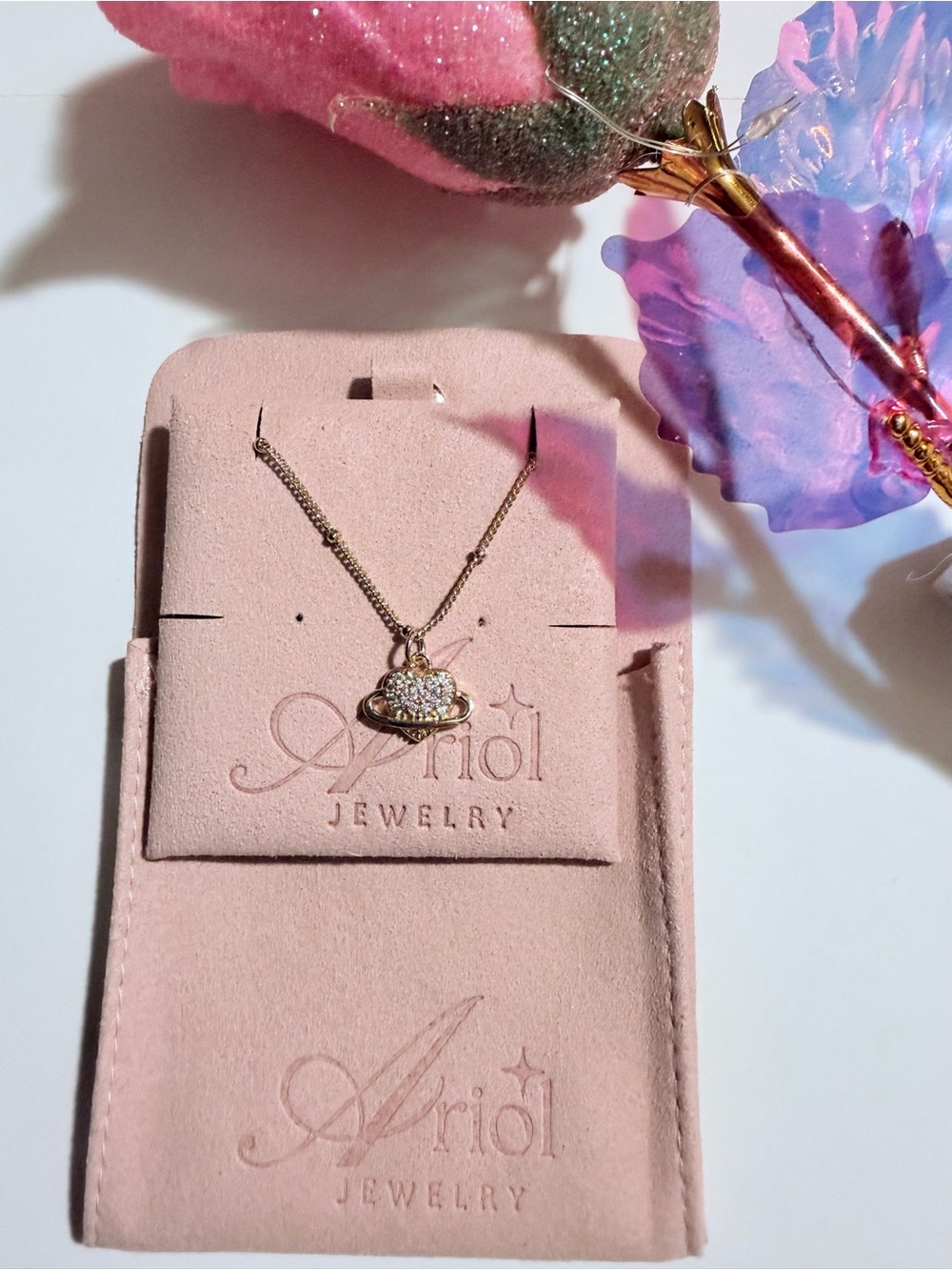Ariol gold plated Pink Crystal Planet Pendant Necklace